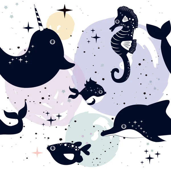 Seamless pattern with space stars, constellation, planet and sea animals. Editable vector illustration.