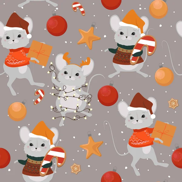 Modello Senza Soluzione Continuità Con Mouse Carino Elementi Natale Illustrazione — Vettoriale Stock