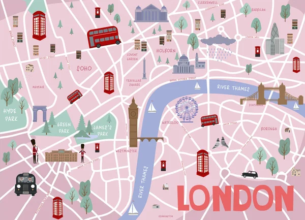 Guía Londres Mapa Ciudad Ilustrado Con Las Principales Calles Lugares — Vector de stock