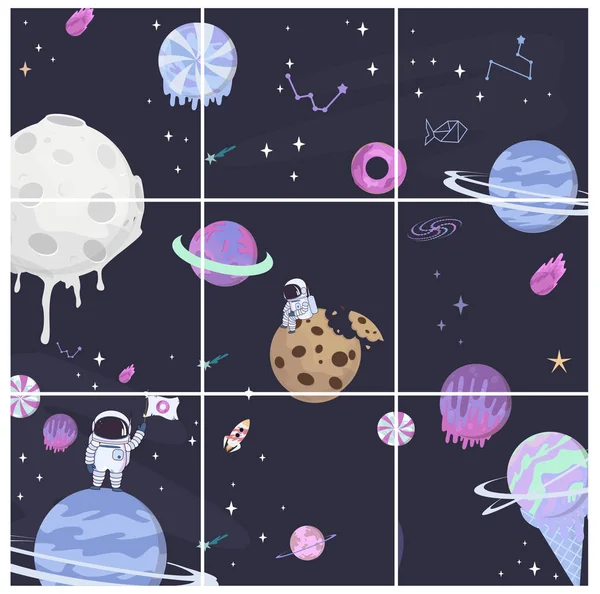 Collection Sweet Space Cartoon Continuous Background Fantasy Chocolate Cookie Candy — Stock vektor