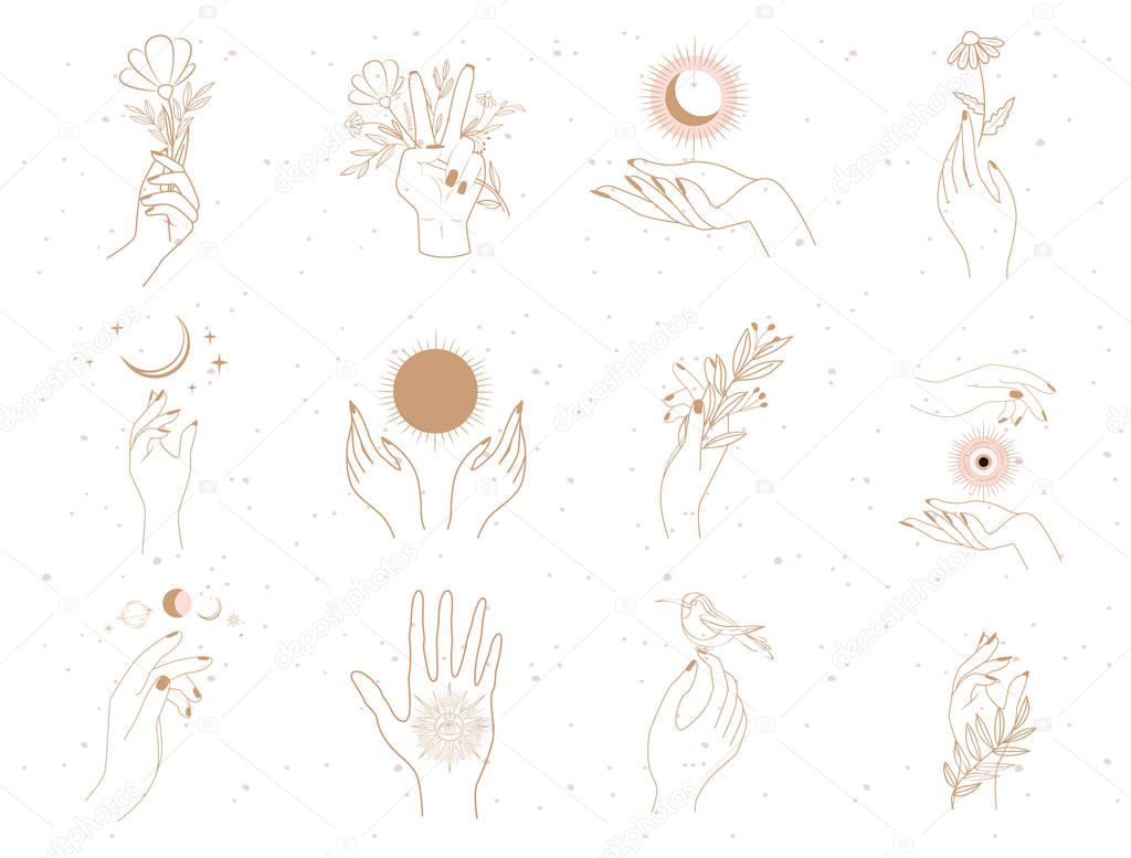 Collection of fine, hand drawn style logos and icons of human hands in one line style. Fashion, skin care and wedding concept illustrations. Minimalistic style