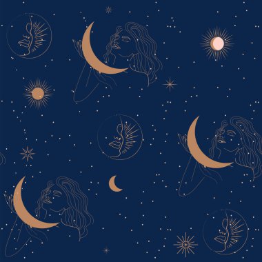 Kadında, ayda ve yıldızlarda kusursuz bir düzen var. Astroloji geçmişi. Düzenlenebilir vektör illüstrasyonu