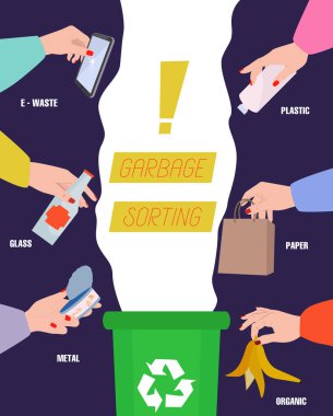 Çöpleri plastik, cam, metal, organik, kağıt ve e-atık kutularına ayırmak. İnsanlar çöpleri ayırıyor. Sosyal konular konsepti. Gezegeni kurtar. Makul tüketim. Vektör illüstrasyonu.