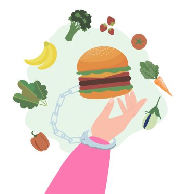 Yemek bağımlılığı, fast food ve abur cubur. Hamburgere kelepçelenmiş olarak. Kötü alışkanlıklar. Aşırı yemek, aşırı kilo, bulimia, anarexia. Sosyal sorunlar. Yetersiz beslenme. Vektör İllüstrasyonu.