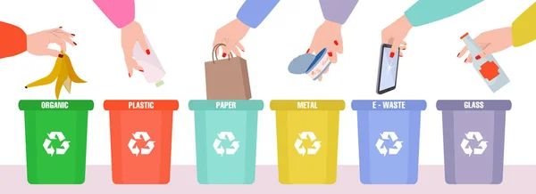 プラスチック ガラス 有機物 紙および電子廃棄物のための容器にゴミを分類します 人々はゴミを分別する 社会問題の概念 地球を救え 合理的な消費 ベクターイラスト — ストックベクタ