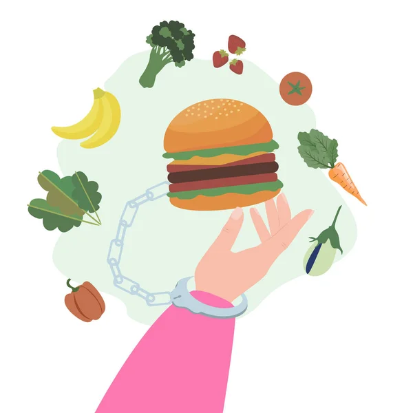 对食物 快餐和垃圾食品上瘾 把手铐戴在汉堡包上 坏习惯 厌食症 社会问题 营养不良 病媒图解 — 图库矢量图片