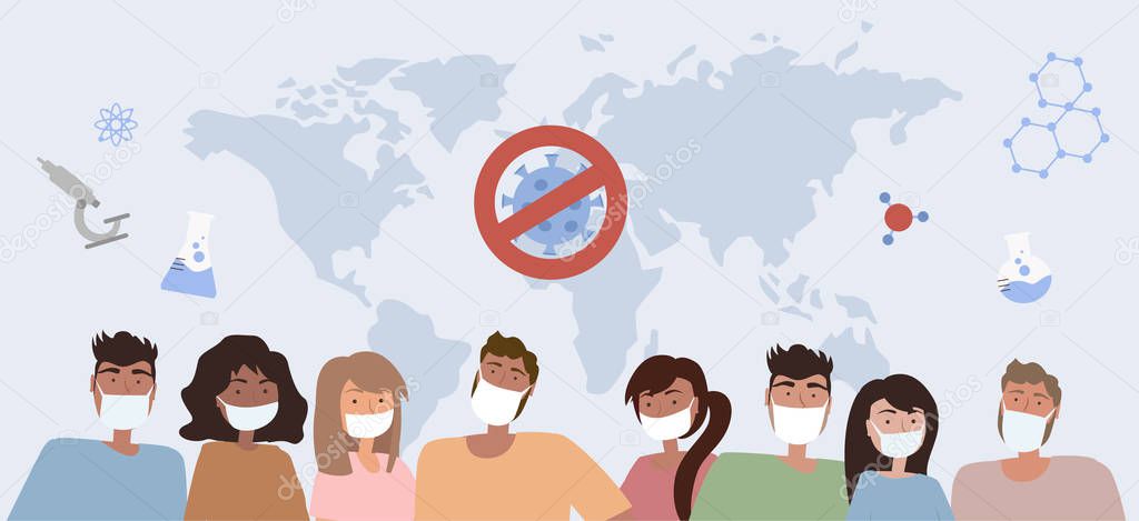 People of different nationalities in white medical face mask. Concept of coronavirus COVID-19 quarantine, Travel Alert. Editable vector illustration. 