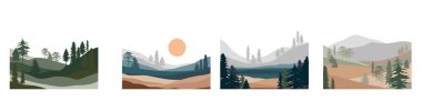 Bir dizi soyut manzara. Orman hayvanları, dağ sıraları, göl, nehir, çöl silueti olan kozalaklı ağaçlardan oluşan tepeler. Düzenlenebilir vektör illüstrasyonu. 