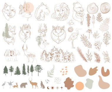 Bir çizgi biçimi minimalist nesneler kümesi. Orman hayvanları, kadın yüzü, ağaç, bitkiler, yaprak ve soyut şekiller. Düzenlenebilir vektör illüstrasyonu.