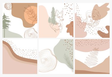 Set of abstract square background with forest animals, woman face, plants in one line style and abstract shapes. Background for mobile app page minimalistic style. Vector illustration vector Set of abstract square background with forest animals, woman face, plants in one line style and abstract shapes. Background for mobile app page minimalistic style. Vector illustration vector