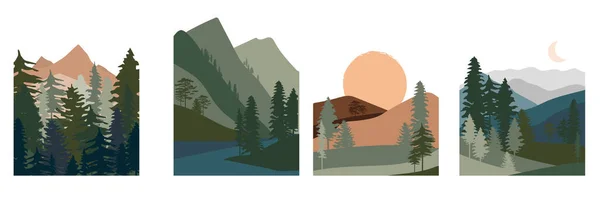 Conjunto Paisaje Abstracto Animales Forestales Colinas Madera Coníferas Con Cordillera — Vector de stock