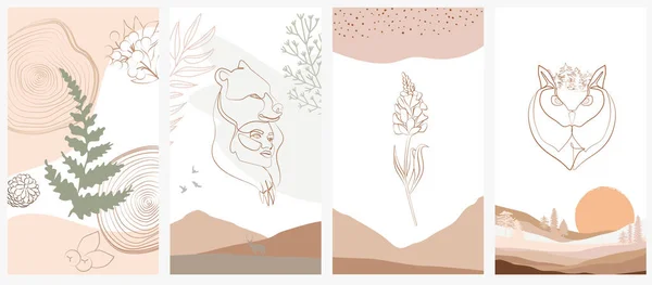 Set Van Abstracte Verticale Achtergrond Met Bosdieren Vrouwengezicht Planten Één — Stockvector