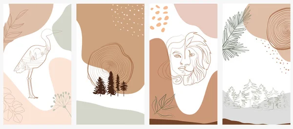 森の動物 女性の顔 1つのラインスタイルと抽象的な形状と風景の植物と抽象的な垂直背景のセット ソーシャルメディアのミニマリズムスタイルの背景 ベクターイラスト — ストックベクタ