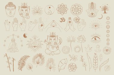 Budizm ve Hinduizm, yoga nesneleri, ezoterik ve boho unsurları, bitkiler, Buddha, Ganesha, Mandala, Lotus. Minimalist cisimler tek çizgi boyunda. Düzenlenebilir Vektör İllüstrasyonu.
