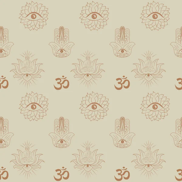 仏教やヒンドゥー教 ヨガオブジェクト 曼荼羅 ハムサ 1つのラインスタイルで蓮とシームレスなパターン 編集可能なベクトル図 — ストックベクタ