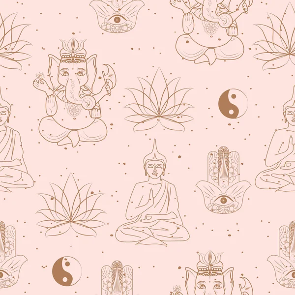 仏教やヒンドゥー教 ヨガオブジェクト ガネシャ マンダラ 1行のスタイルで蓮とシームレスなパターン 編集可能なベクトル図 — ストックベクタ