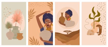 Türban, seramik vazo ve sürahiler, bitkiler, soyut şekiller ve manzara içinde Afrikalı bir kadınla soyut bir arka plan seti. Sosyal medya minimalist tarzı için arka plan. Vektör illüstrasyonu