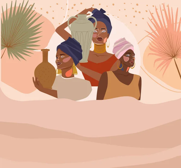 Abstrakcyjne Plakaty Afrykańskimi Kobietami Turban Ceramiczne Wazony Dzbanki Rośliny Abstrakcyjne — Wektor stockowy