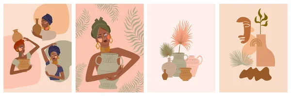 Комплект Абстрактных Плакатов Африканской Женщиной Тюрбане Керамической Вазе Кувшинах Растениях — стоковый вектор