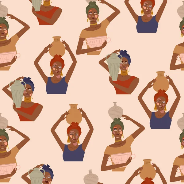 Naadloos Patroon Met Mooie Afrikaanse Vrouwenportretten Keramische Vaas Kruiken Bewerkbare — Stockvector