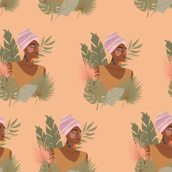 Patrón Sin Costuras Con Hermosos Retratos Mujeres Africanas Plantas Tropicales — Vector de stock