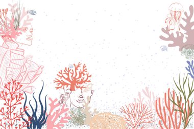 Kadın portresi, sualtı dünyası, deniz yosunu ve deniz hayvanlarının olduğu soyut poster, bitkiler tek sıra şeklinde. Sosyal medya minimalist tarzı için arka plan. Vektör illüstrasyonu.