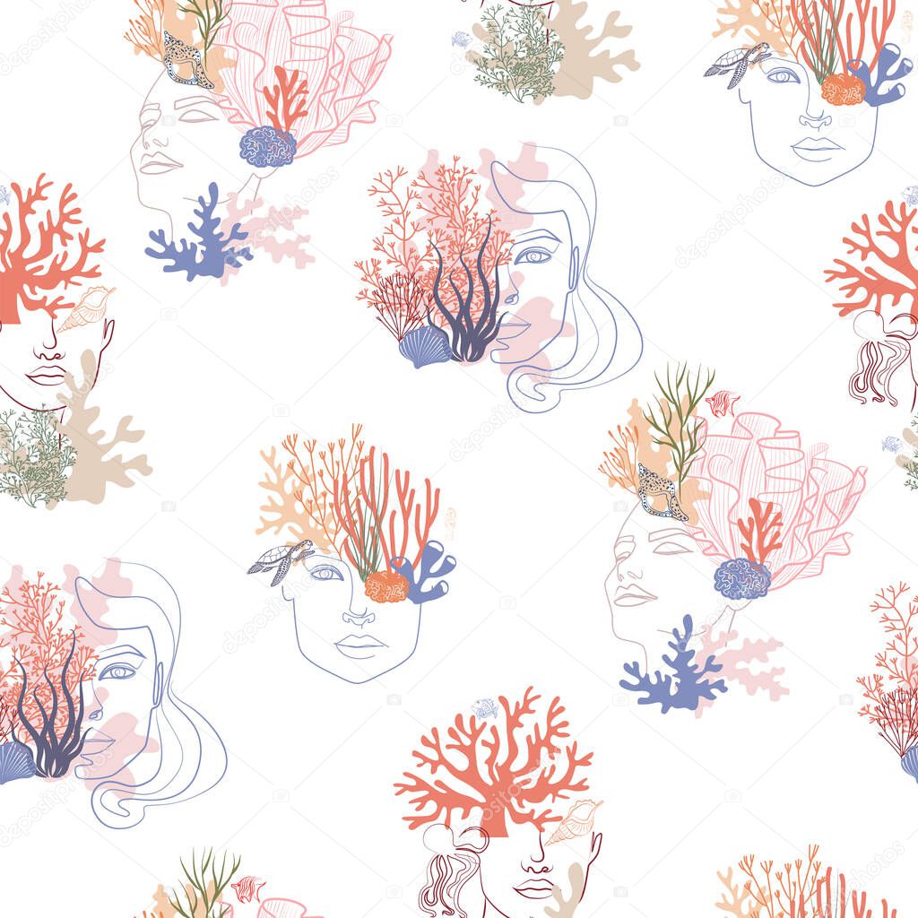 Seamless pattern with woman face portrait with underwater world, coral, jellyfish, shells, algae and plants. Editable vector illustration.