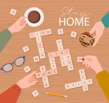 Evde motivasyon posteri olarak kal. Akşamı arkadaşlarınla geçir, Scrabble oyna. Üst görünüm süreci. Yaşam Tarzı Vektör İllüstrasyonu.