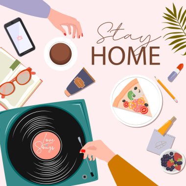 Evde Motivasyon Posteri Kalsın. Düz masa stili, kadın eli bardakta kahve, müzik, kozmetik, kitap ve yemek. Düzenlenebilir vektör illüstrasyonu.