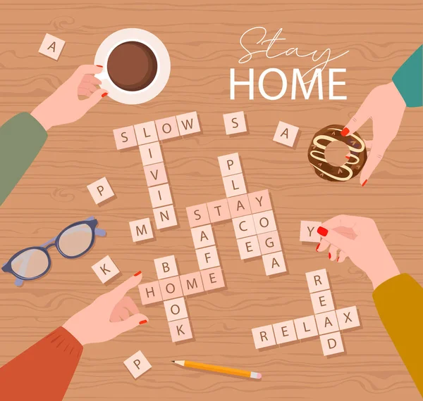 Залишайся Вдома Плакатом Мотивації Проведіть Вечір Друзями Грайте Гру Scrabble — стоковий вектор