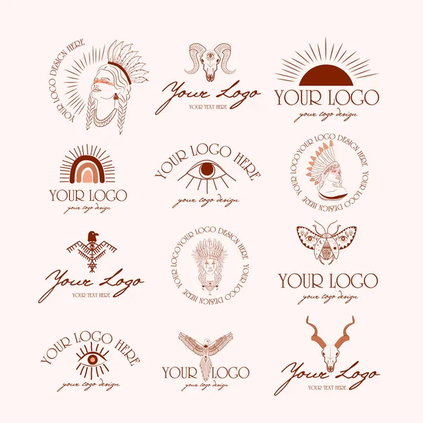 Kolekce Logotypu Boho Kmenovými Prvky Ženský Portrét Lapač Snů Ptáci — Stockový vektor