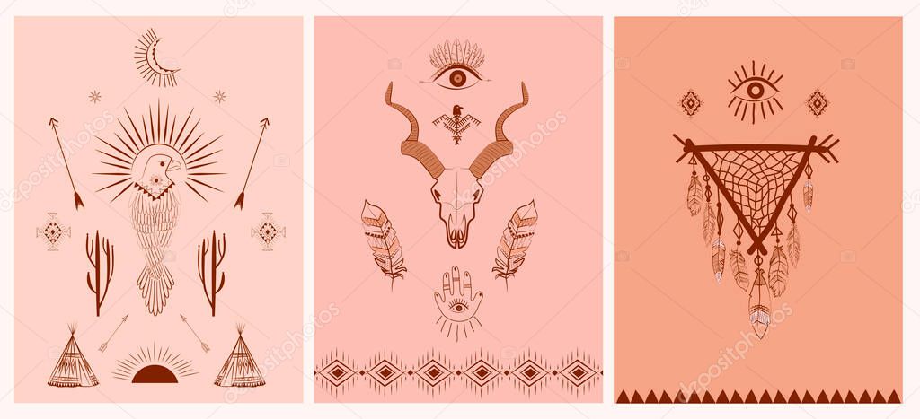 Collection of boho and tribal posters with dreamcatcher, birds, buffalo skull, esoteric elements, insect and plants. Minimalist objects one line style. Editable Vector Illustration.
