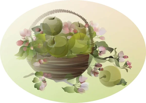 Still life with green apples and flowers in a basket — Stock Vector