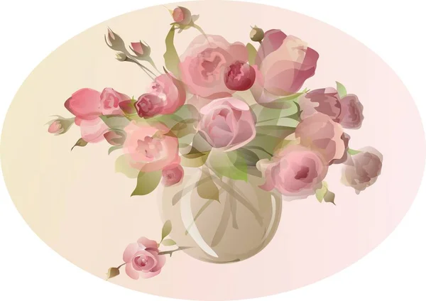 Rosas de té en jarrón transparente sobre fondo rosa — Vector de stock