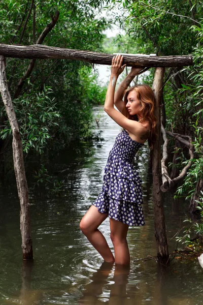 Menina bonito em uma ponte de madeira no verão — Fotografia de Stock