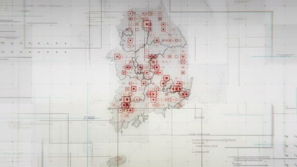 Mapa blanco de Corea del Sur con líneas cámara de retroceso — Vídeos de Stock