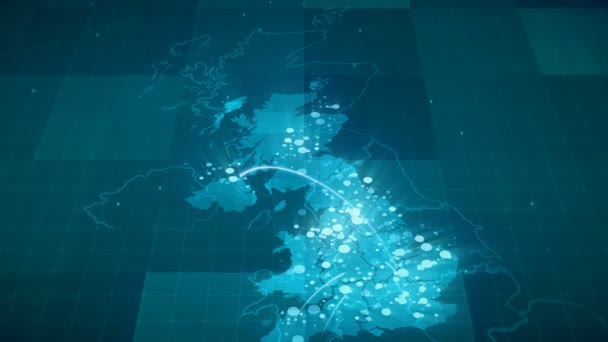 これは 都市やその他の指標の重要な拠点間の接続で青いイギリス地図をアニメーション化します 壮大な動画 ハイテク推進 ダイナミックなスライド ショー プレゼンテーション トレーラー サイエンス フィクションのオープナ — ストック動画