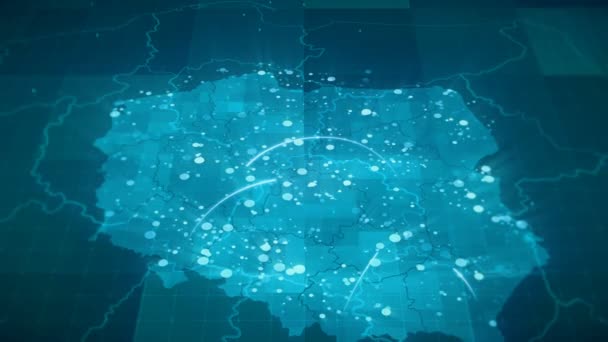 Este Mapa Animado Azul Polônia Com Conexões Entre Importantes Centros — Vídeo de Stock