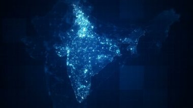 Hindistan haritalar gece aydınlatma. Animasyonlu Hindistan harita görsel efektler ve parlak aydınlatma elemanları farklı yerlerde harita üzerinde geceleri ilmekledi. Slidesho '' ar, sunum, römorklar, bilim-kurgu açacakları ve vb. için mükemmel.