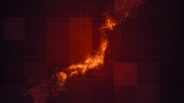日本地图夜景照明 环形动画日本地图与视觉效果和发光的灯光元素在不同的地方晚上在地图上 完美的幻灯片 科幻开放等 — 图库视频影像