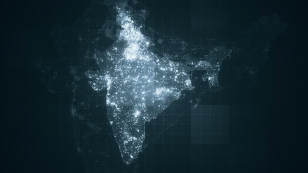 インドは 夜間照明をマップします 地図上の夜に視覚効果と別の場所で光る照明要素のアニメーションのインド地図をループしました スライド ショー プレゼンテーション トレーラー サイエンス フィクションの開閉等に最適 — ストック動画