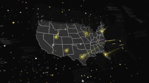 美国地图全球连接 美国地图的动画与全球性连接在地图的不同的点 动画包括相机旋转 梦幻般的视觉效果 夜光连接 — 图库视频影像