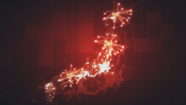 Mapa Animado Japón Con Cuadrícula Redes Animadas Entre Direcciones Principales — Vídeos de Stock