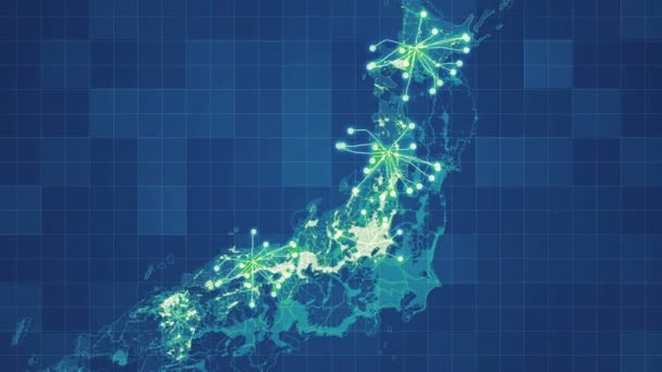 Animierte Japanische Landkarte Mit Raster Animierten Netzwerken Zwischen Den Hauptrichtungen — Stockvideo