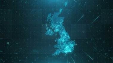 Animasyon kamerasıyla Birleşik Krallık haritası, farklı yerlerde parlayan yuvarlak bağlantılar ve diğer görsel efektler.