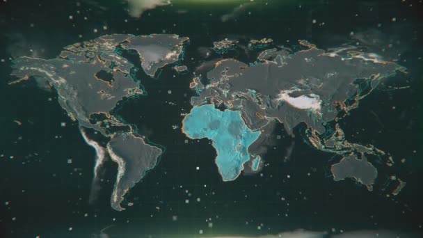 Aydınlatılmış Mavi Afrika Haritası Taranıyor Dokulu Dünya Haritasında Parlayan Mavi — Stok video