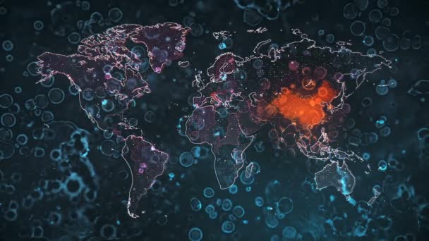 一个全球地图的运动图形 其定位和传播的是一个新的大流行的Coronavirus感染 Covid 19在世界上 适于绘制疾病爆发 流行病 危机局势蔓延 紧急事件的分布图 — 图库视频影像