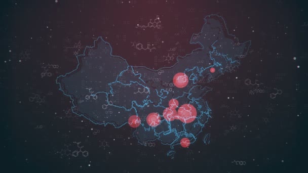 中国的运动图形地图与流行病爆发 生物危害 卫生体系在全国各地的定位和传播 适于记录疾病 流行病 紧急事件的爆发情况 — 图库视频影像