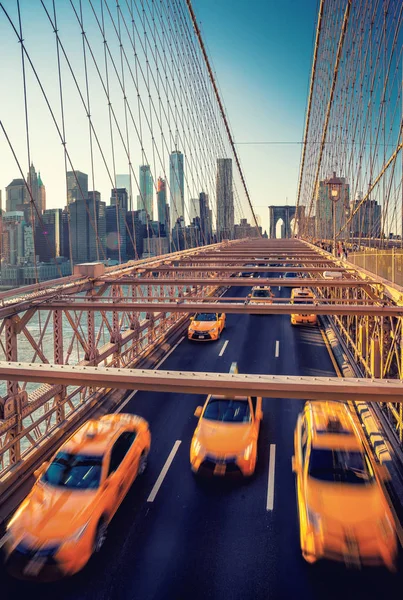 Les oursons accélèrent au coucher du soleil sur Brooklyn Bridge, Manhattan, NY — Photo