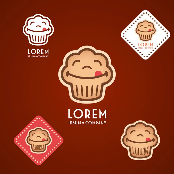 Смешные кексы, кексовое кафе или дизайн логотипа пекарни, векторная иллюстрация — стоковый вектор
